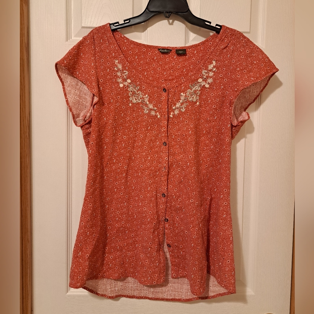 Eddie Bauer Women's Red Floral Embroidered Blouse Size Large